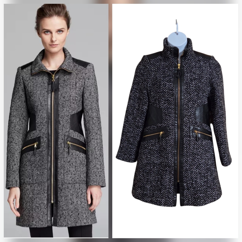 Via Spiga Tweed Coat Wool Blnd Leather Accents Black White Sz 14 L/XL Seen On TV